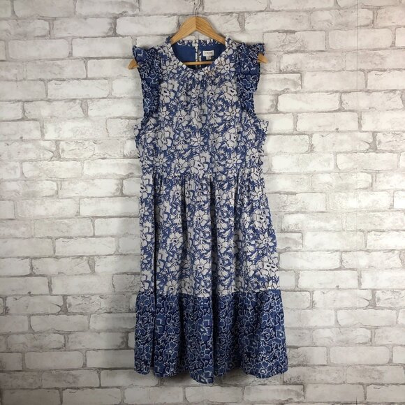 NWT J Crew Factory Midi Blue Floral Cotton Dress with Ruffle Sleeves Siz… - Picture 2 of 2